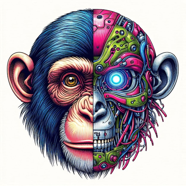 ROBOTIC MONKEY HEAD CYBORGE HALF ANIMAL HALF ROBOTIC ILLUSTRATION