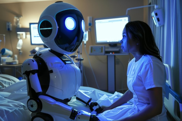 Photo a robotic nurse assistant provides comfort to a patient in a hospital room imagine a robotic nurse assistant that can autonomously administer medication and assist patients with daily tasks