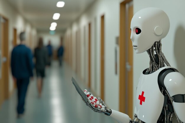 Photo robotic nurse in a hospital corridor symbolizing the integration of ai in healthcare