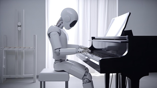 Robotic piano performance humanoid artist playing in a beautiful room