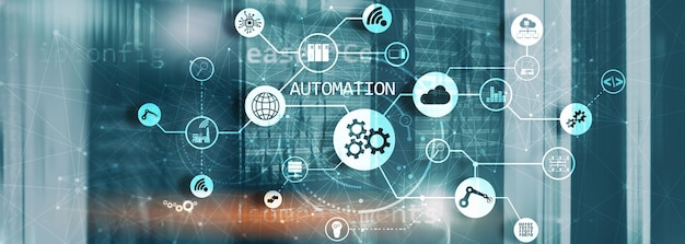 Robotic Process Automation on Blurred Big Data Center Panoramic Horizontal Photo