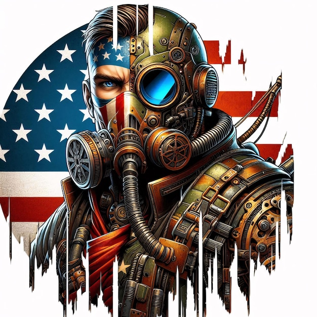 ROBOTIC SOLDIER CYBORG WITH AMERICAN FLAG