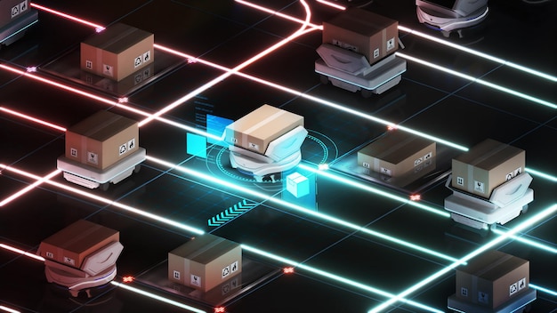 Robotic transportation and cargo handlingusing automation in product managementWarehousing and Technology Connections3d rendering