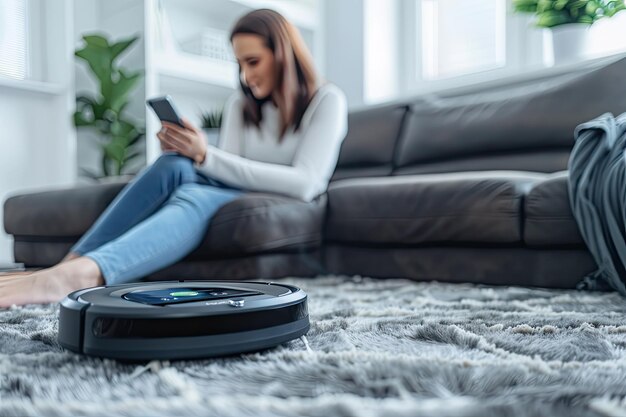 Photo robotic vacuum cleaner cleaning carpet woman relaxing