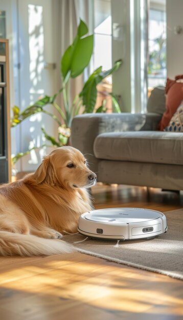 Photo robotic vacuum cleaner efficiently cleaning pet hair in a modern petfriendly home