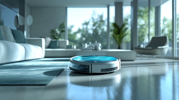 A robotic vacuum cleaner on a hardwood floor in a modern living room