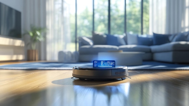 Robotic Vacuum Cleaner on Hardwood Floor with Display