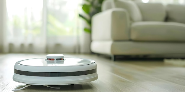 Robotic Vacuum Demonstrating HighTech Cleaning in a Contemporary White Living Room Concept Home Cleaning Technology Demo Robotic Vacuum Smart Appliances Interior Design