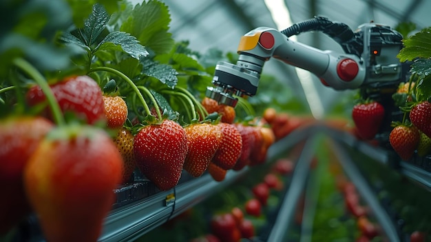 Robotics in Agriculture A Robot Arm Picking Ripe Strawberries in a Greenhouse Realistic Image