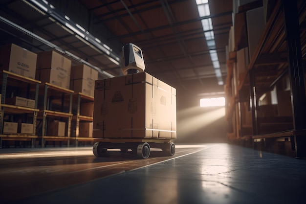 Robotics delivering cardboard Boxes in warehouse Distribution logistics center Generative Ai