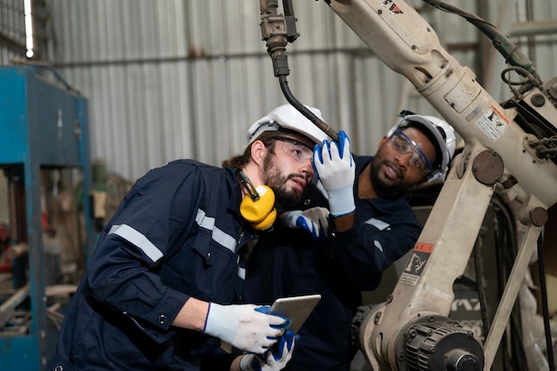 Robotics engineer working on maintenance of modern robotic arm in factory warehouse