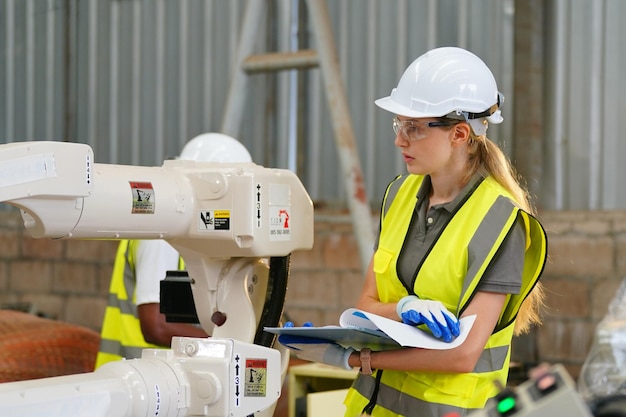 Robotics engineer working on maintenance of modern robotic arm in factory warehouse