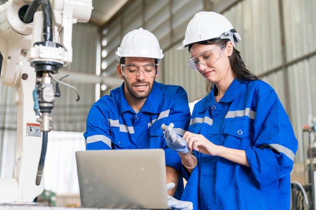 Robotics engineer working on maintenance of modern robotic arm in factory warehouse