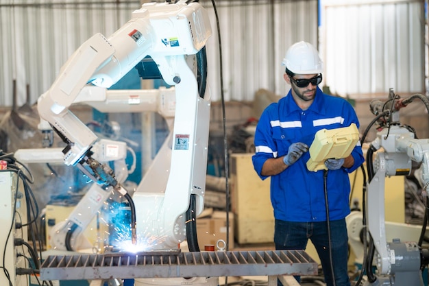 Robotics engineer working on maintenance of modern robotic arm in factory warehouse