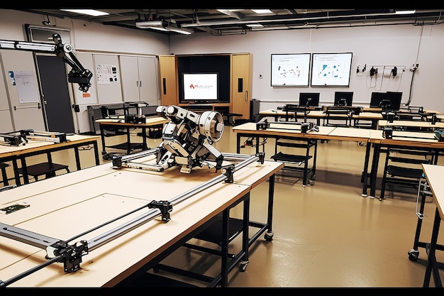 Photo robotics lab with students programming and controlling robots vector illustration