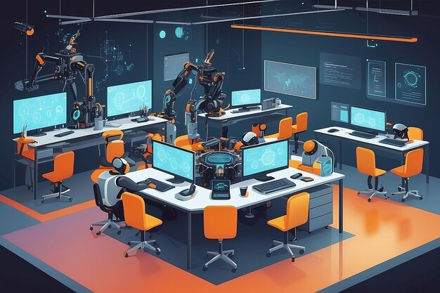 a robotics lab with students programming swarm robotics for collaborative tasks vector illustration in flat style