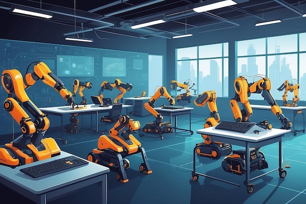 a robotics lab with students programming swarm robotics for collaborative tasks vector illustration in flat style