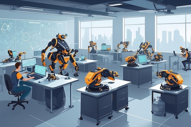 a robotics lab with students programming swarm robotics for collaborative tasks vector illustration in flat style