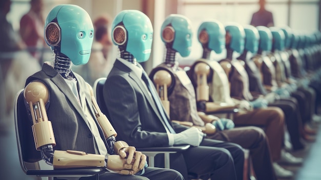 Photo robots are sitting on chairs in the hallway and getting ready to get a job