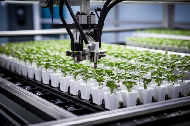 Robots are working in a greenhouse with plants growing