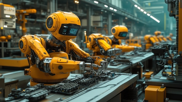 Photo robots assembling components in a hightech industrial setting