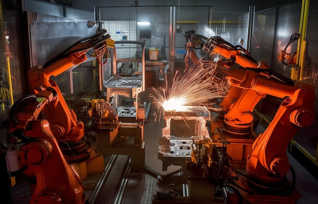 Robots in a factory with a flame coming out of the metal