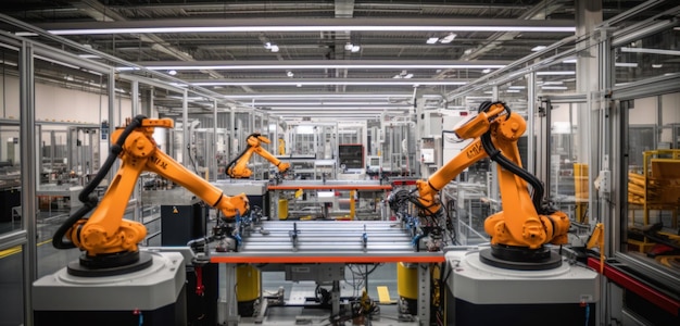 Robots in a factory with a white background