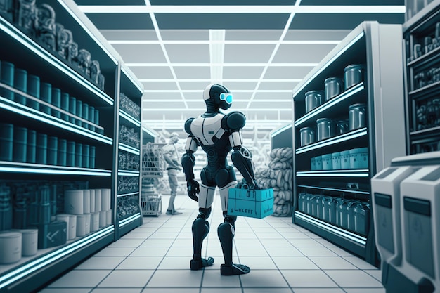 Robots in a futuristic supermarket with robotic arms stocking shelves and a humanoid robot assisting customers at a checkout counter Generative AI