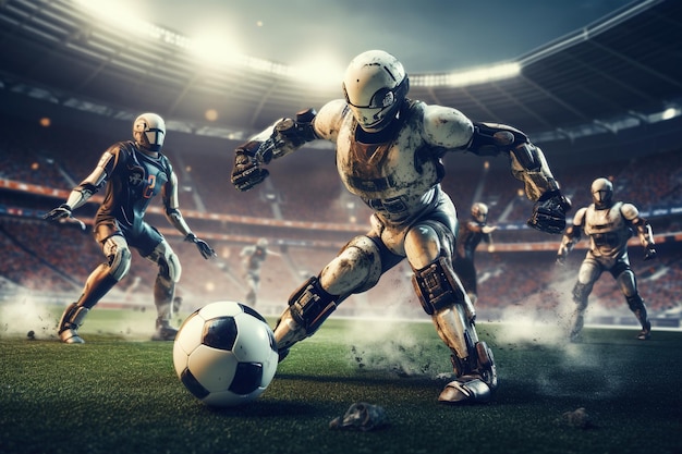 Robots play football match with each other in stadium Sports and technology