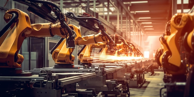 Robots on a production line in a factory