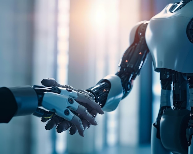 Robots shaking hands Cooperation in the field of technology Close up Generative AI