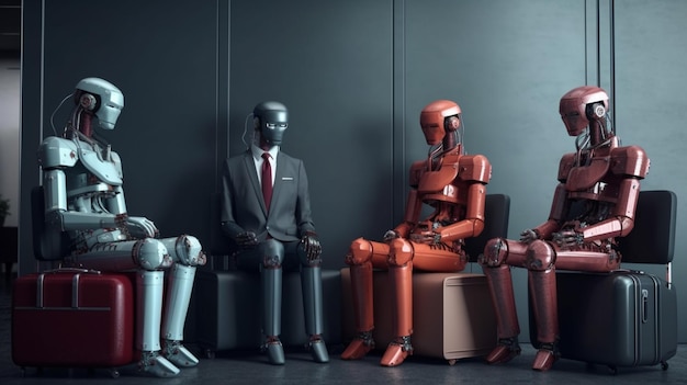 Photo robots sitting in a waiting room job interview generative ai