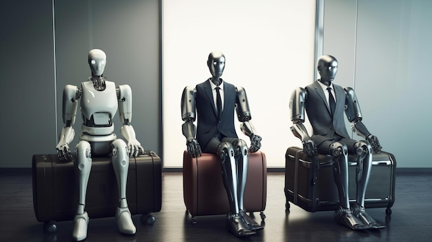 Photo robots sitting in a waiting room job interview generative ai