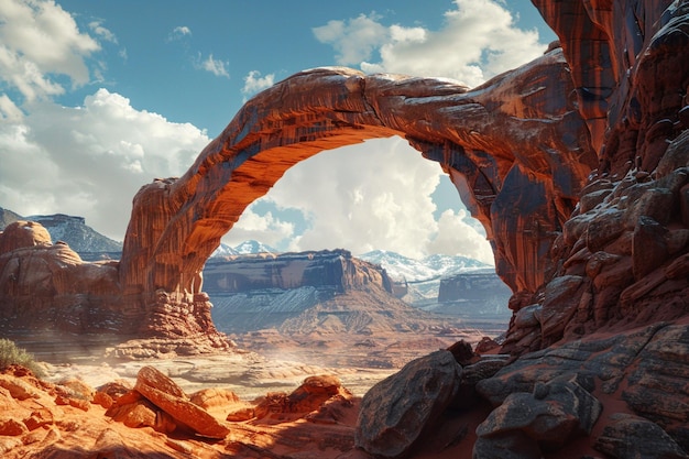 a rock arch is framed by a rock formation