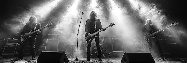 Photo rock band performing on stage with smoke and lights