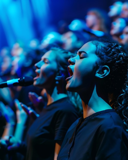 rock band with choir on the stage at concert