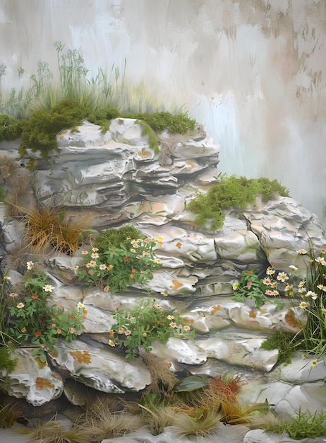 Rock Cliff with Moss and Flowers