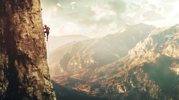 Rock Climber Ascending a Steep Cliff with a Majestic Mountainous View