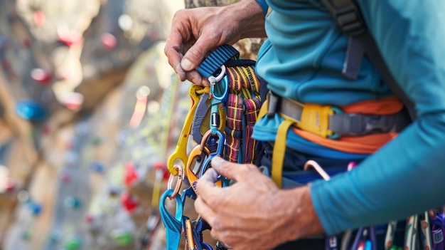 Rock Climber Checking Gear Setup for Safe Ascent on Colorful Cliff