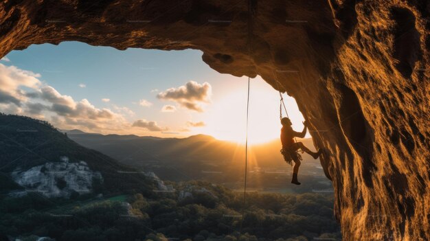 Photo rock climber in the evening a young man of caucasian descent ascends a difficult route on an overhanging cliff