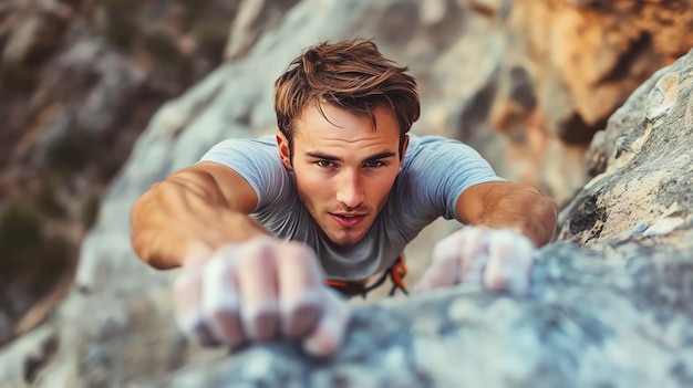 Photo a rock climber scales a steep cliff face