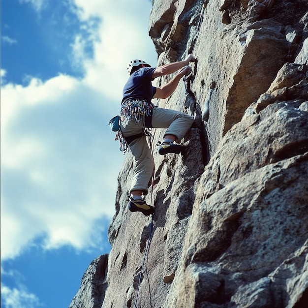 A rock climber scaling a steep cliff with gear and harness