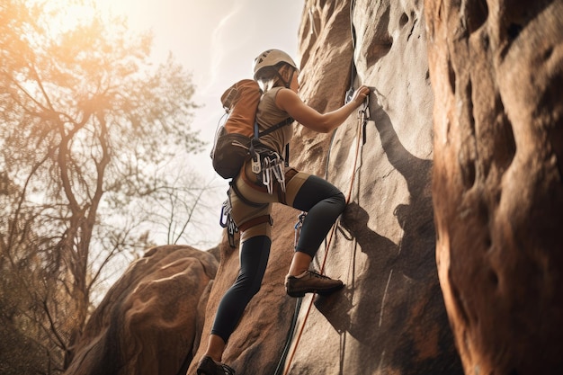 Rock climber scaling vertical wall with backpack and ropes visible created with generative ai