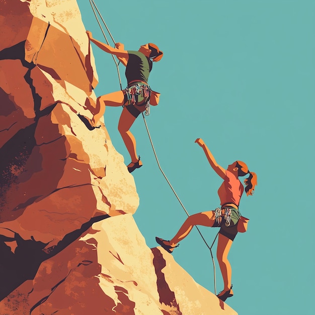 Photo rock climber on the top of a mountain conceptual illustration