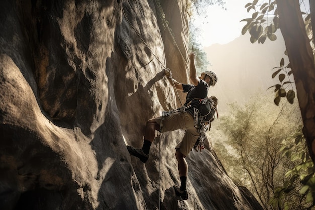 Rock climber working their way up a steep and challenging route created with generative ai