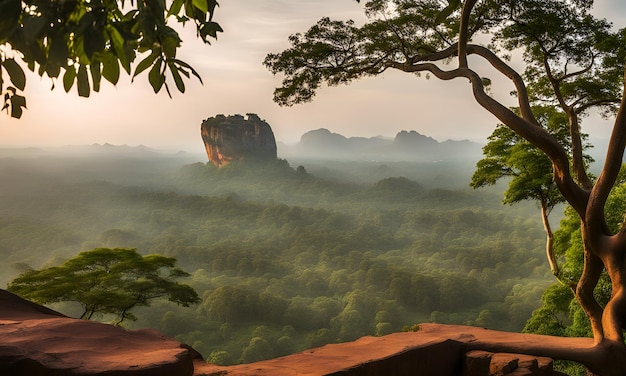 a rock formation in the distance with a tree in the foreground