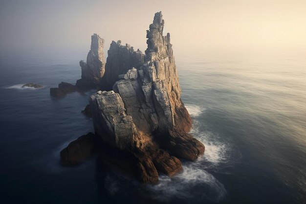 a rock formation is in the water with the ocean in the background