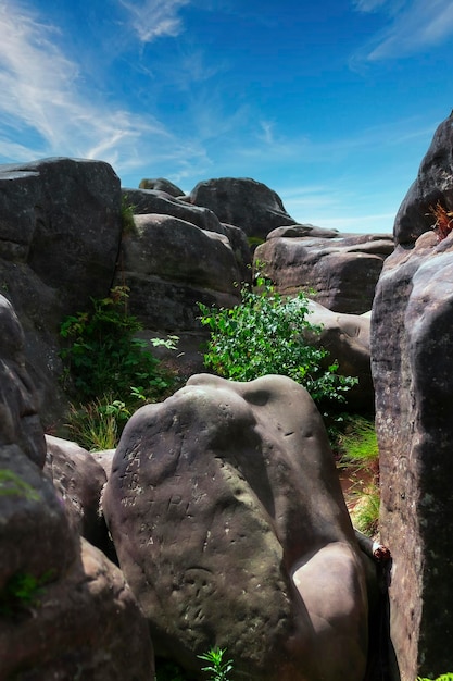 A rock formation with green bushes and blue sky