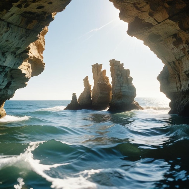 a rock formation with the ocean in the background