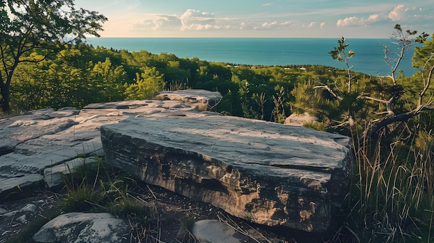 a rock formation with a view of the ocean and trees in the background